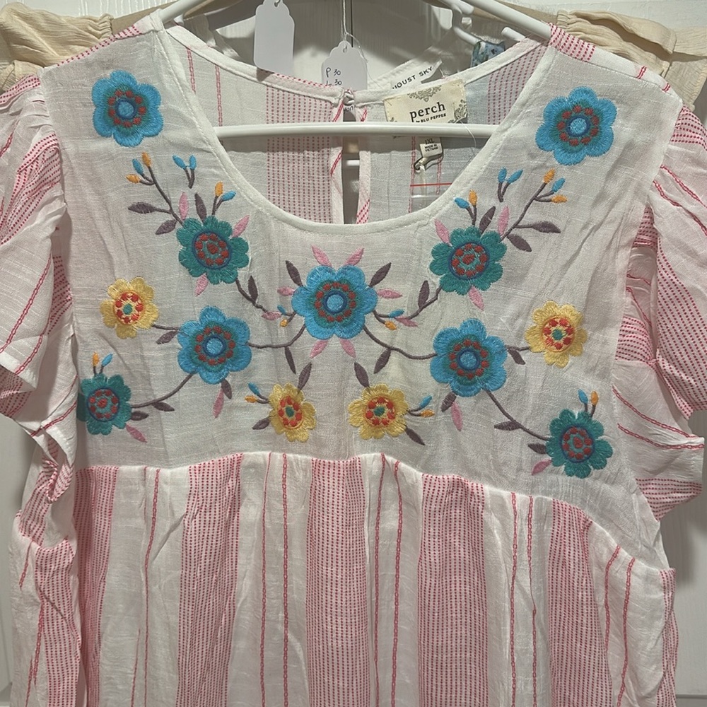 96. Perch by Blu Pepper Pink Striped Dress with Floral Embroidery - Picture 4 of 6
